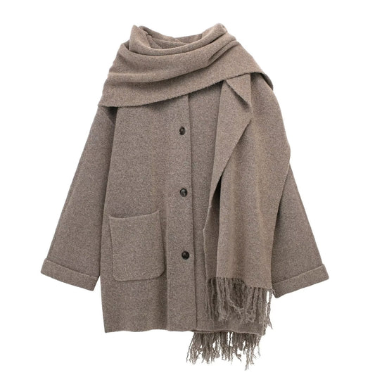 Elegant Long Coat with Integrated Scarf